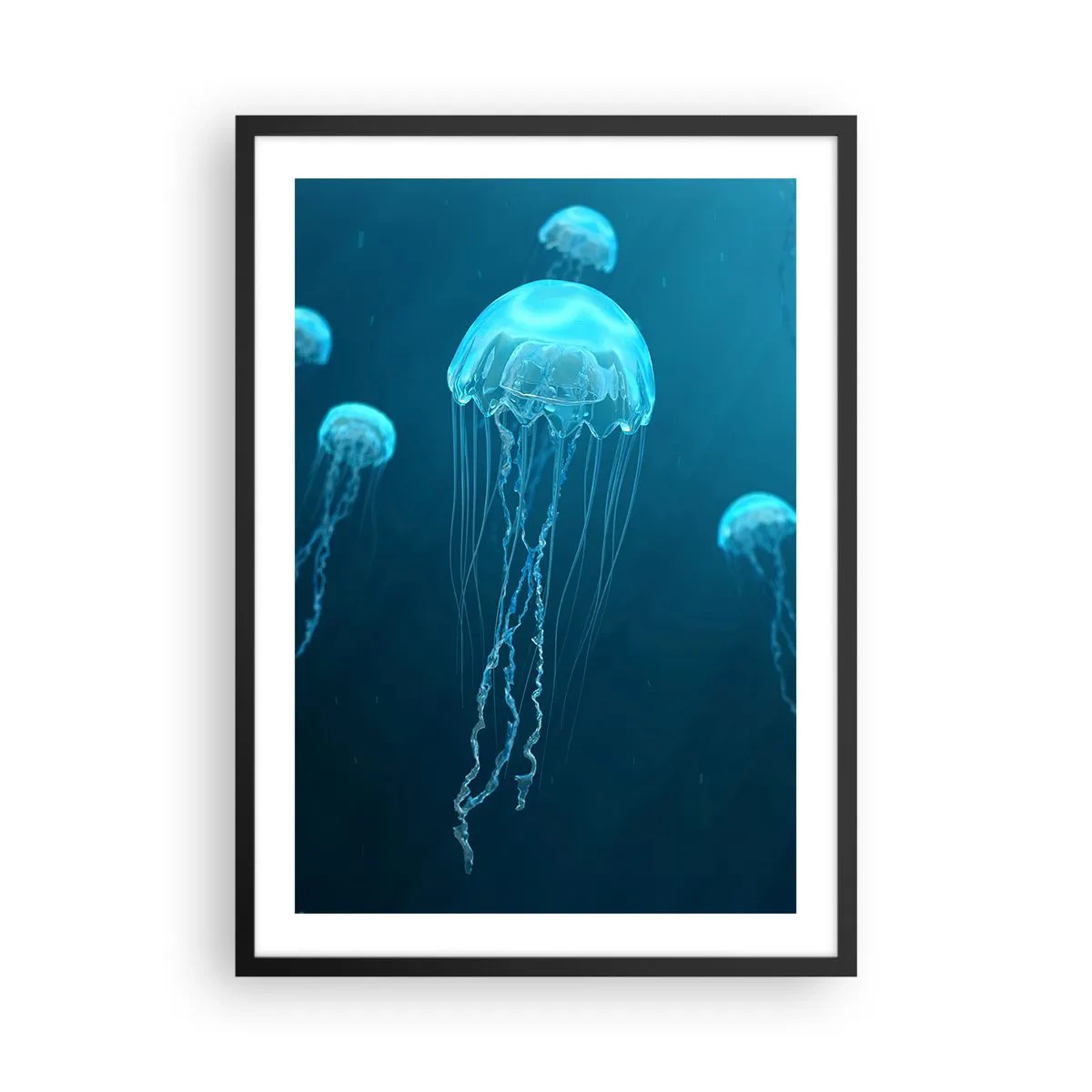 Pôster com moldura preta - Águas-vivas flutuando nas águas azuis do oceano - 50x70cm - Dança do oceano - Decoração de parede moderna para a sala de estar e quarto ARTTOR