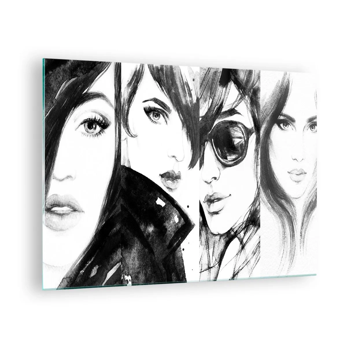 Quadro em vidro - Retratos esboçados de mulheres em preto e branco - 70x50cm - Beleza multiplicada - Decoração de parede moderna para a sala de estar e quarto ARTTOR