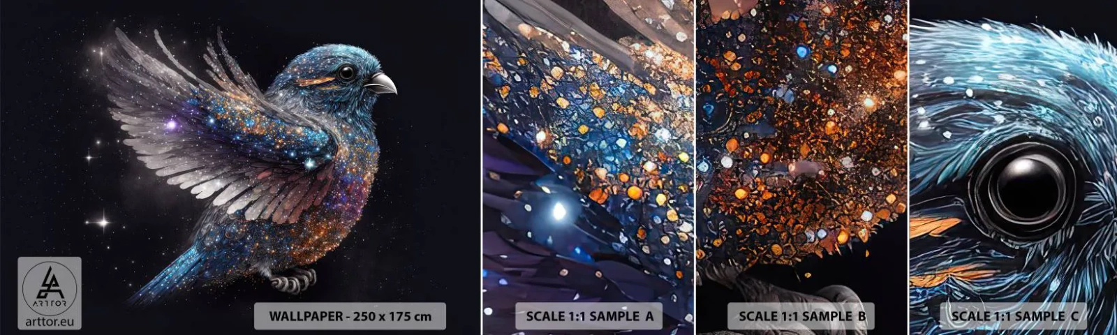 Amostra de Papel de Parede Standard Eco - Pardal de diamante - Pássaro, Magia, Cosmos - 100x30 cm