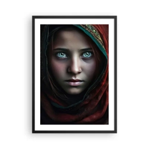 Pôster com moldura preta - Retrato de uma menina com um xale vermelho e olhos hipnotizantes - 50x70cm - Princesa oriental - Decoração de parede moderna para a sala de estar e quarto ARTTOR