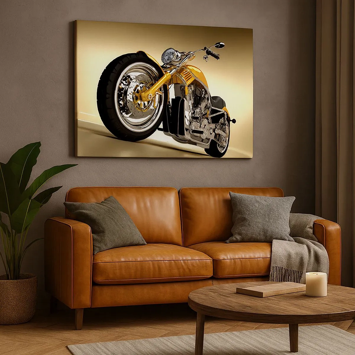 Quadro em tela - Uma motocicleta amarela estilo chopper contra uma parede bege - 70x50cm - O sonho da força e da velocidade - Decoração de parede moderna para a sala de estar e quarto ARTTOR