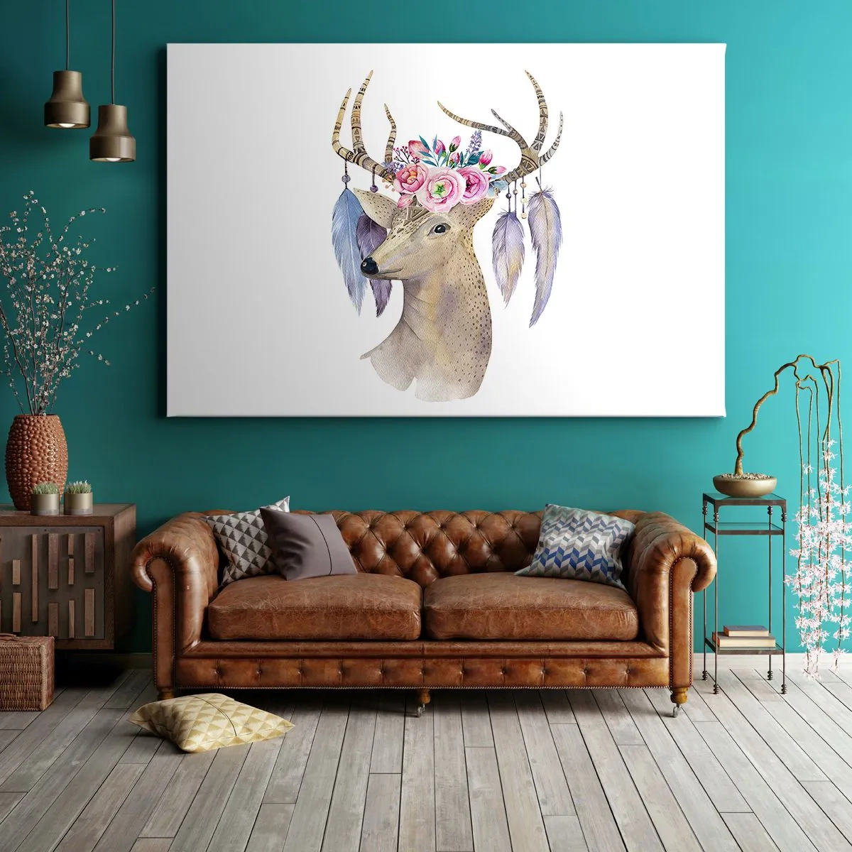 Quadro em tela - Gráfico romântico de veado com flores e penas - 70x50cm - Guia da alma - delicado, inocente - Decoração de parede moderna para a sala de estar e quarto ARTTOR