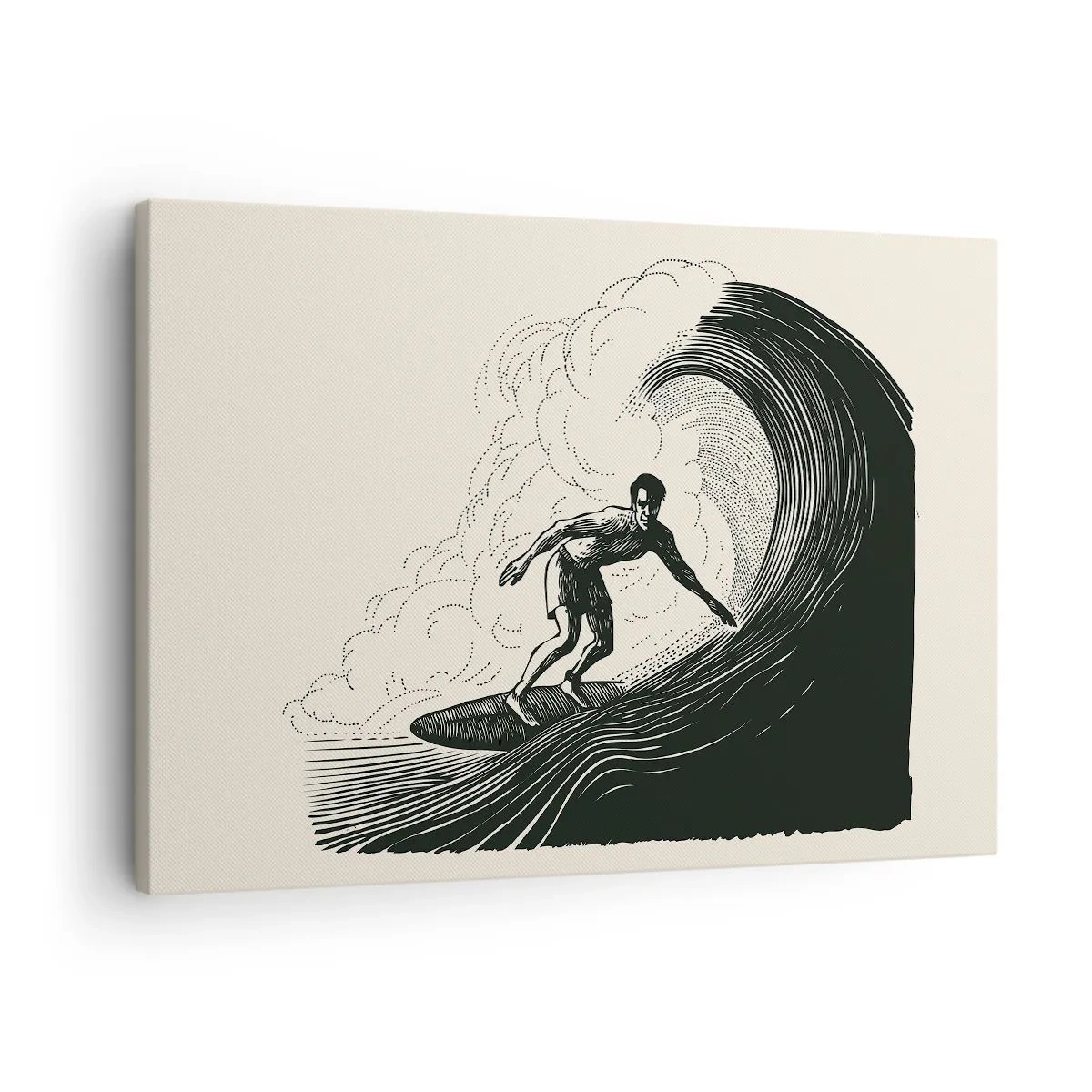 Quadro em tela - Gráfico em preto e branco de um surfista pegando uma onda - 70x50cm - Rei da onda - Decoração de parede moderna para a sala de estar e quarto ARTTOR