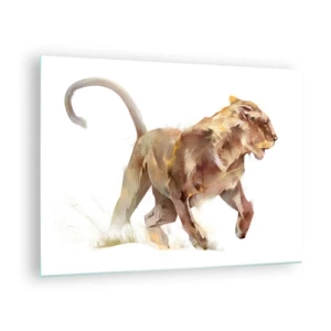 Quadro em vidro - Silhueta dinâmica de um leão em estilo artístico sobre fundo branco - 70x50cm - Graça selvagem - Decoração de parede moderna para a sala de estar e quarto ARTTOR