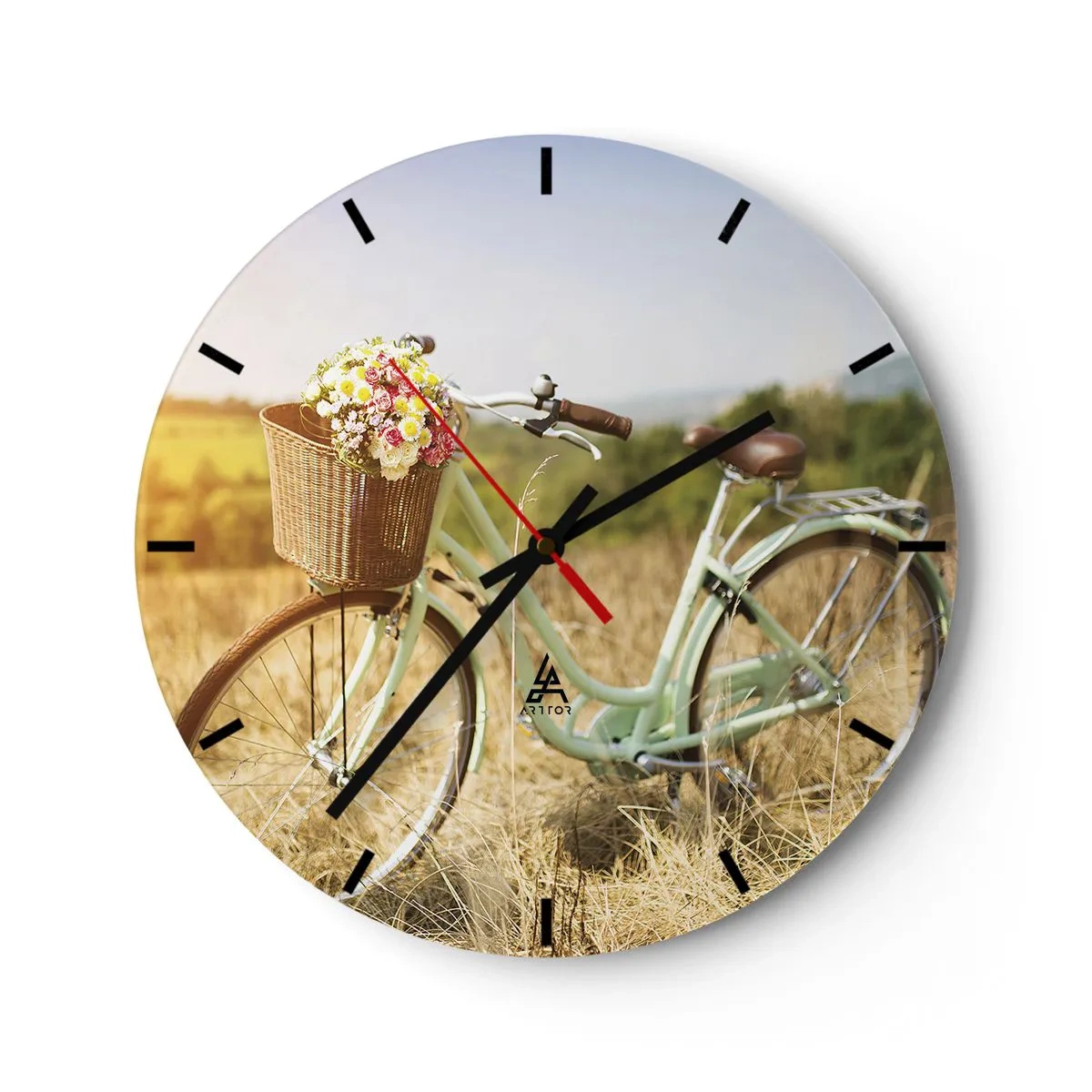 Relógio de parede - Relógio em vidro - Uma bicicleta com uma cesta cheia de flores em um campo em um dia ensolarado - 30x30cm - Vou ficar aqui por um tempo - Decoração de parede moderna para a sala de estar, cozinha e quarto ARTTOR