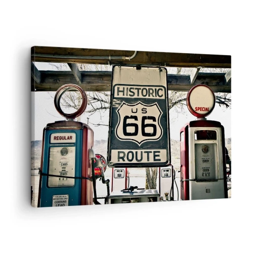 Quadro em tela - Posto de gasolina histórico da Rota 66 - 70x50cm - Viagens retro americanas - Decoração de parede moderna para a sala de estar e quarto ARTTOR