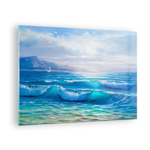 Quadro em vidro - Ondas azuis do mar batendo na costa em um dia ensolarado - 70x50cm - Conforta e consola - Decoração de parede moderna para a sala de estar e quarto ARTTOR