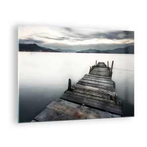Quadro em vidro - Um cais de madeira com o cenário de um lago calmo ao entardecer - 70x50cm - Mergulhar em paz - Decoração de parede moderna para a sala de estar e quarto ARTTOR