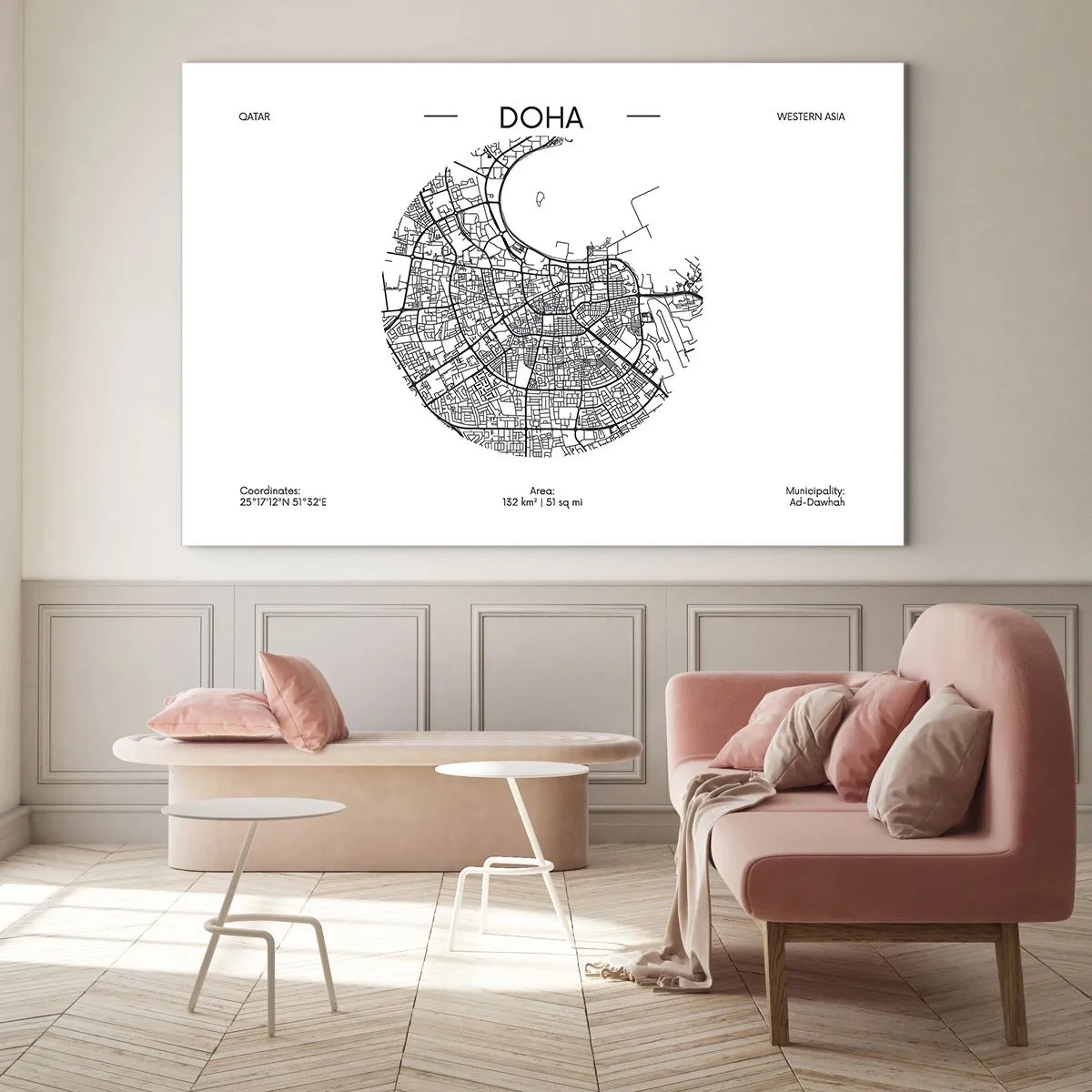 Quadro em vidro - Um mapa gráfico de Doha em estilo minimalista em preto e branco. - 70x50cm - Anatomia de Doha - Decoração de parede moderna para a sala de estar e quarto ARTTOR