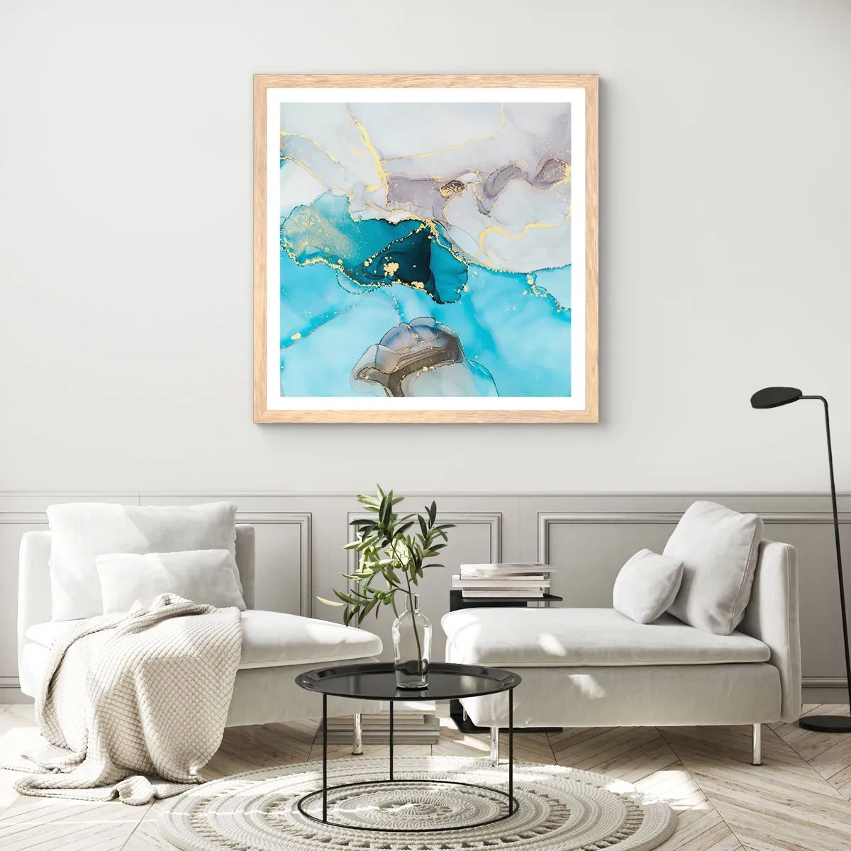 Pôster com moldura de carvalho claro - Estudo do encontro do cinza e turquesa - 60x60 cm