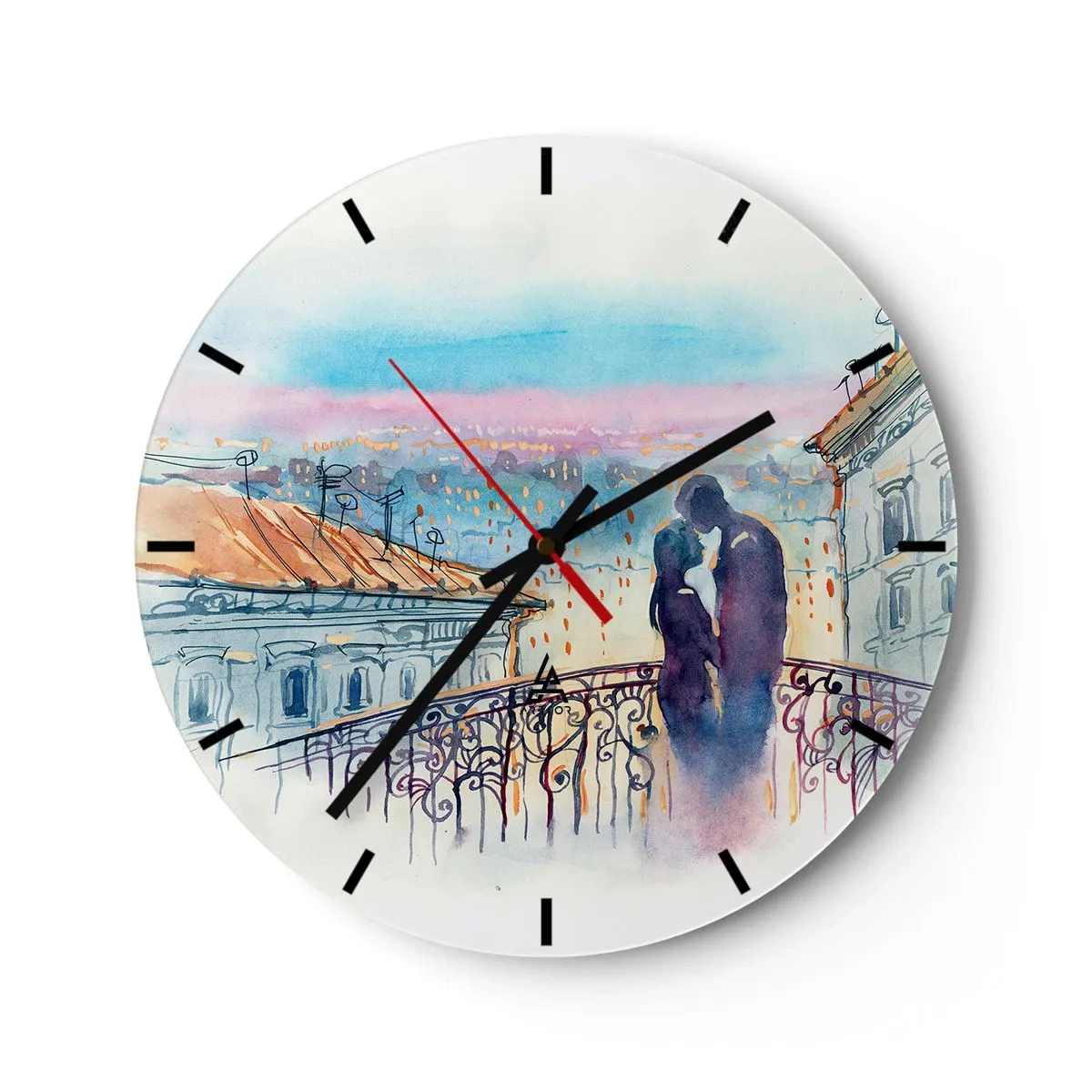 Relógio de parede - Relógio em vidro - Casal romântico em uma varanda com vista para a cidade - 30x30cm - Amantes parisienses - Decoração de parede moderna para a sala de estar, cozinha e quarto ARTTOR