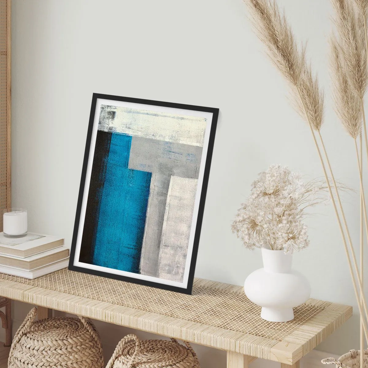 Pôster com moldura preta - Uma composição poética de cinza e azul - 70x100 cm