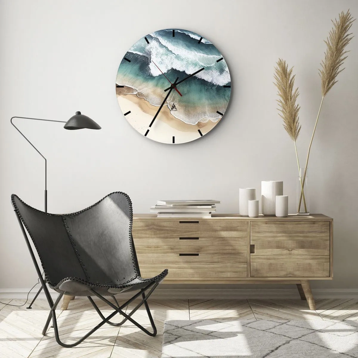 Relógio de parede - Relógio em vidro - Ondas do mar quebrando em uma praia de areia vista de um pássaro - 30x30cm - O eterno encontro - Decoração de parede moderna para a sala de estar, cozinha e quarto ARTTOR