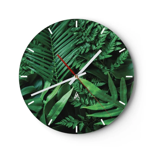 Relógio de parede - Relógio em vidro - Folhas verdes tropicais criam uma composição densa e natural - 30x30cm - Envolto em verde - Decoração de parede moderna para a sala de estar, cozinha e quarto ARTTOR