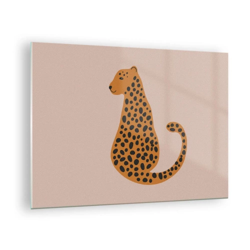 Quadro em vidro - Ilustração de uma pantera com manchas pretas em um fundo bege - 70x50cm - A estampa de leopardo está na moda - Decoração de parede moderna para a sala de estar e quarto ARTTOR