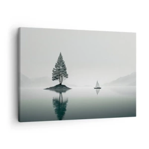 Quadro em tela - Uma paisagem minimalista com uma árvore em uma ilha e um veleiro. - 70x50cm - Sonho dos sonhos - Decoração de parede moderna para a sala de estar e quarto ARTTOR