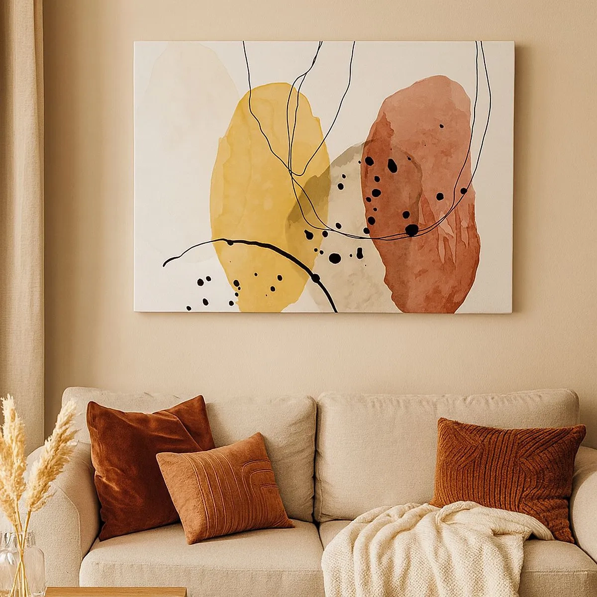 Quadro em tela - Manchas abstratas em tons de bege, amarelo e vermelho - 70x50cm - Como o ar leve e transparente - Decoração de parede moderna para a sala de estar e quarto ARTTOR