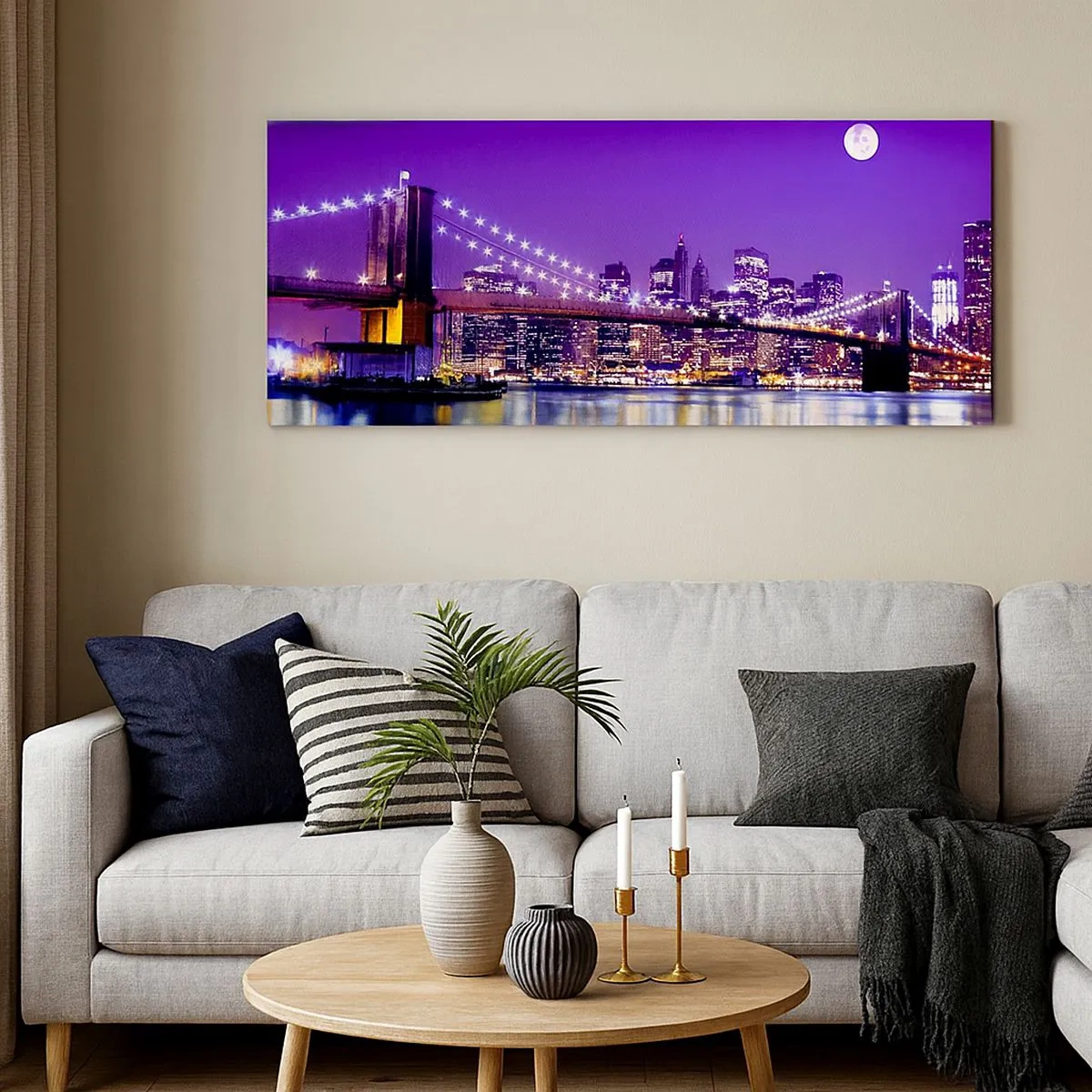 Quadro em tela - Luzes de uma grande cidade em roxo - 100x40 cm