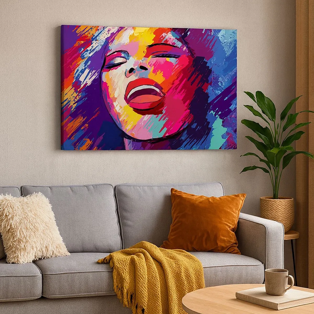 Quadro em tela - Retrato abstrato de uma mulher em cores vivas - 70x50cm - Cantar uma vida inteira - Decoração de parede moderna para a sala de estar e quarto ARTTOR