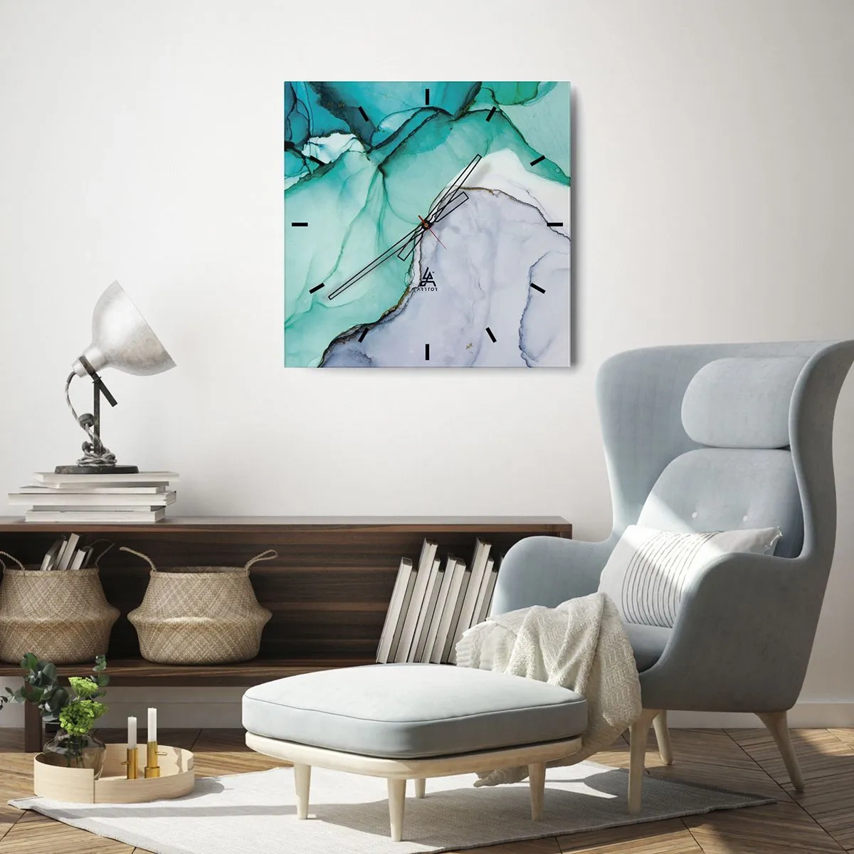 Relógio de parede - Relógio em vidro - Estudo em turquesa - 40x40 cm
