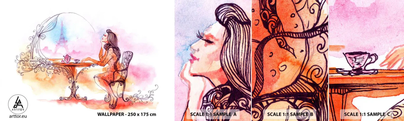 Amostra de papel de parede autocolante Deluxe Sticker - Elegância parisiense - Paris, Mulher, Torre Eiffel - 100x30 cm