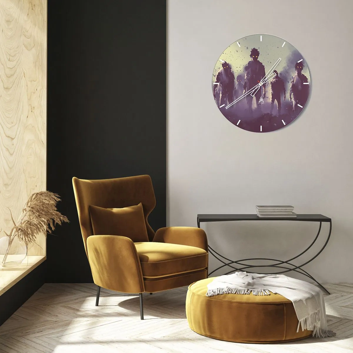 Relógio de parede - Relógio em vidro - Figuras escuras em um fundo nebuloso - 30x30cm - Cuidado! Estão a chegar - Decoração de parede moderna para a sala de estar, cozinha e quarto ARTTOR