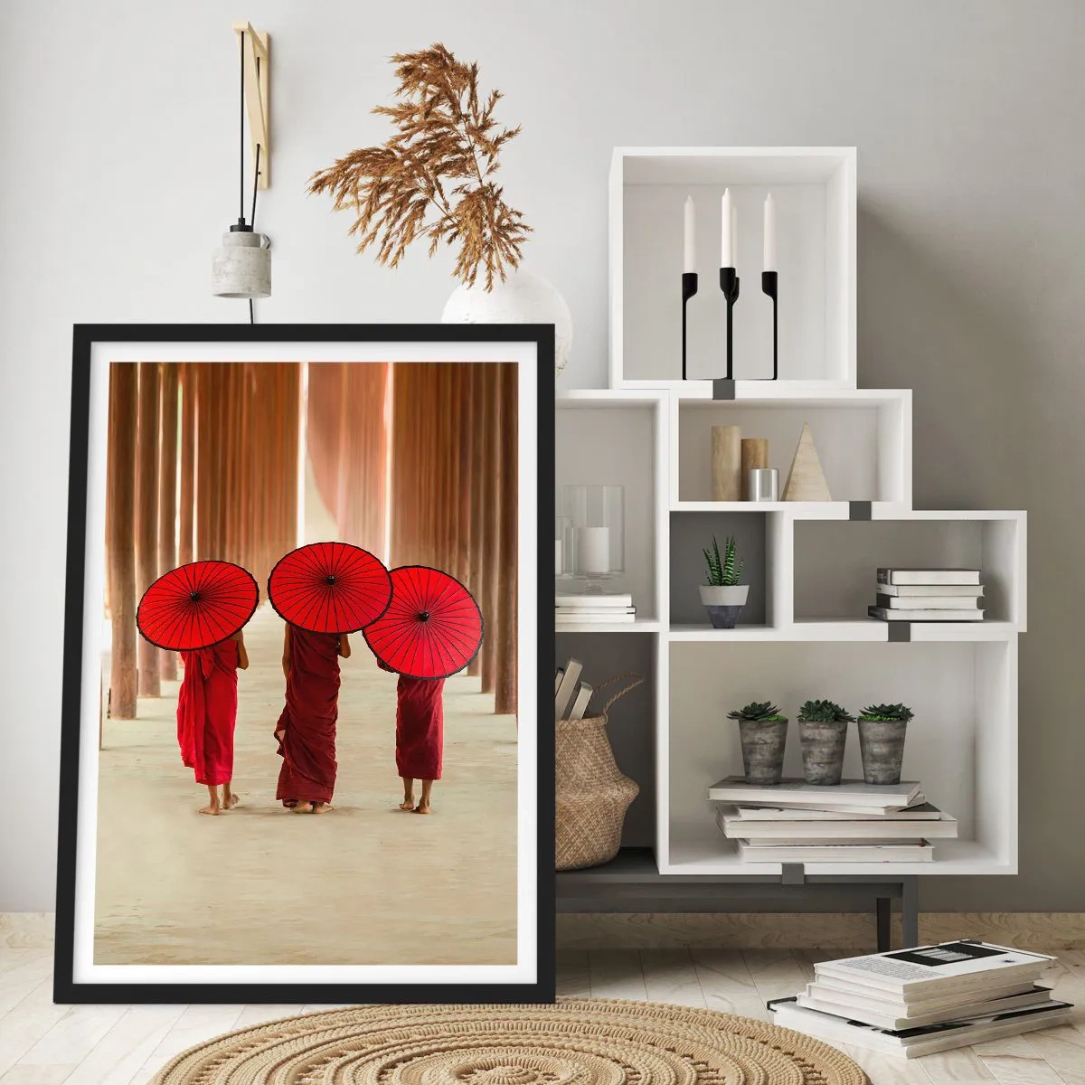 Pôster com moldura preta - Monges com guarda-chuvas vermelhos nos corredores do templo - 50x70cm - A caminho da Terra Pura - Decoração de parede moderna para a sala de estar e quarto ARTTOR