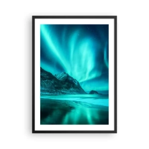 Pôster com moldura preta - Uma foto da aurora boreal sobre uma paisagem montanhosa - 50x70cm - Maravilhas do Norte - Decoração de parede moderna para a sala de estar e quarto ARTTOR