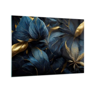 Quadro em vidro - Folhas azuis escuras com sutis detalhes dourados - 70x50cm - Forrado com ouro - Decoração de parede moderna para a sala de estar e quarto ARTTOR
