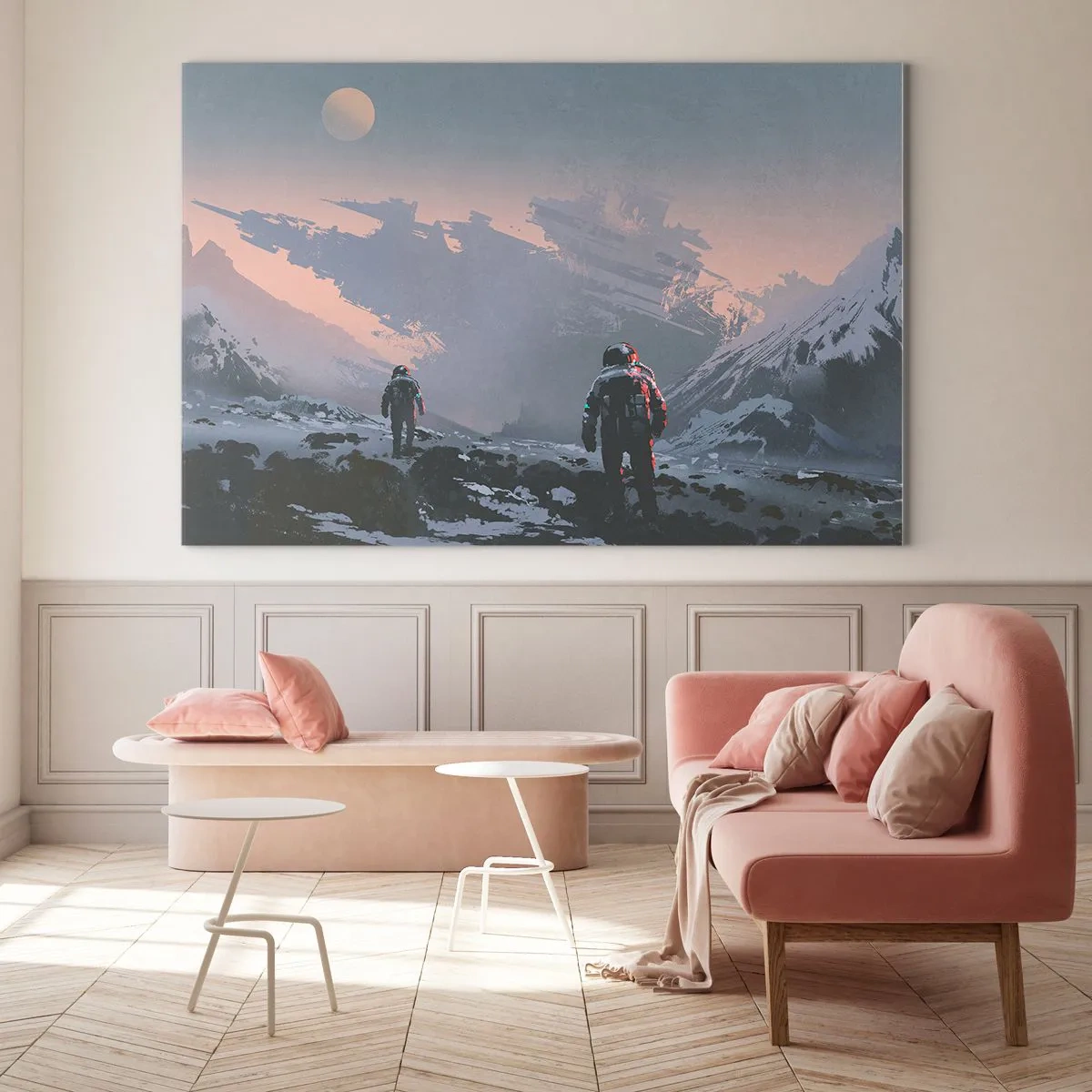 Quadro em vidro - Astronautas em um planeta alienígena com um naufrágio ao fundo - 70x50cm - Sob uma estrela desconhecida - Decoração de parede moderna para a sala de estar e quarto ARTTOR