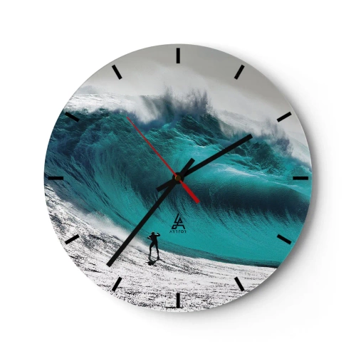Relógio de parede - Relógio em vidro - Um surfista em frente a uma onda gigante turquesa - 30x30cm - Desafio aceite - Decoração de parede moderna para a sala de estar, cozinha e quarto ARTTOR