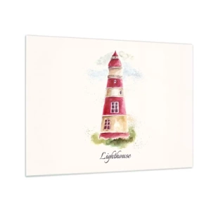 Quadro em vidro - Farol em aquarela com a inscrição Farol - 70x50cm - Sempre há clima - Decoração de parede moderna para a sala de estar e quarto ARTTOR