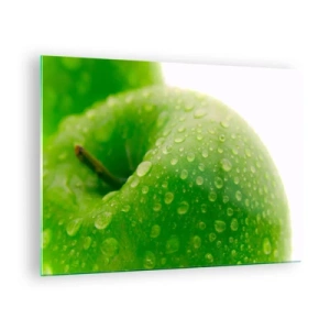 Quadro em vidro - Uma maçã verde coberta com gotas de água - 70x50cm - Frescor verde - Decoração de parede moderna para a sala de estar e quarto ARTTOR