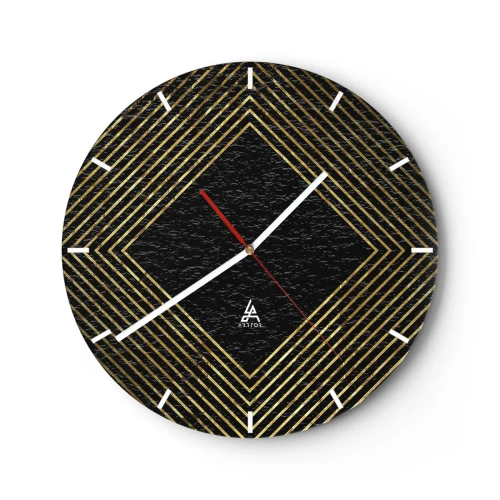 Relógio de parede - Relógio em vidro - Linhas douradas formando um losango sobre fundo preto - 30x30cm - Geometria em estilo glamoroso - Decoração de parede moderna para a sala de estar, cozinha e quarto ARTTOR