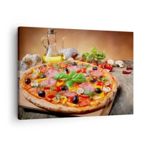 Quadro em tela - Pizza apetitosa em uma mesa de madeira com coberturas - 70x50cm - Com um sabor verdadeiramente italiano - Decoração de parede moderna para a sala de estar e quarto ARTTOR