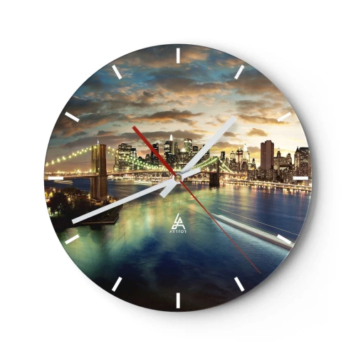 Relógio de parede - Relógio em vidro - Horizonte da cidade de Nova York ao entardecer com a Ponte do Brooklyn - 30x30cm - Uma noite bem iluminada em Manhattan - Decoração de parede moderna para a sala de estar, cozinha e quarto ARTTOR