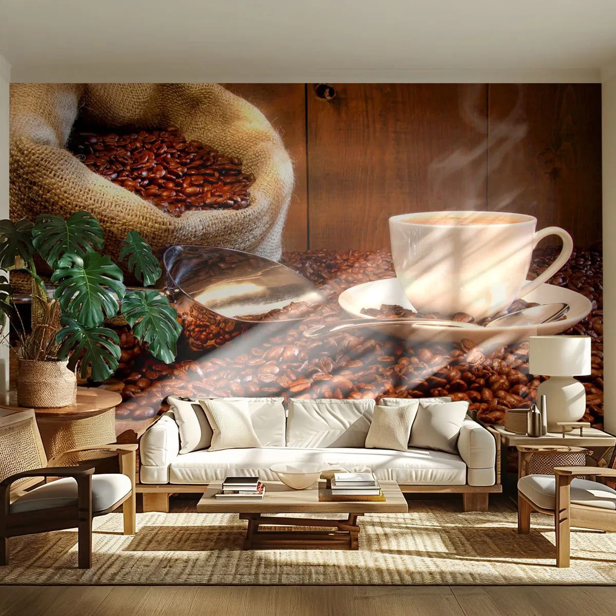 Papel de Parede Autocolante Deluxe Sticker - Dá para sentir esse cheiro? - Grãos de café, Aroma, Gastronomia - 250x175 cm