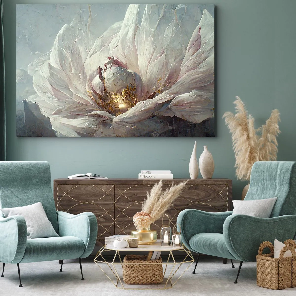 Quadro em tela - Uma delicada flor branca com sutis detalhes dourados - 70x50cm - Floresce uma vez a cada cem anos - Decoração de parede moderna para a sala de estar e quarto ARTTOR