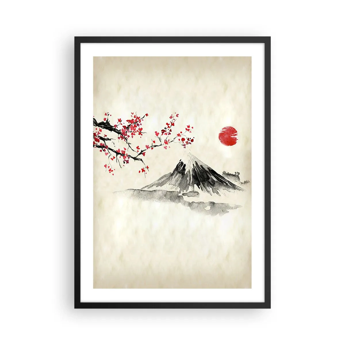 Pôster com moldura preta - Uma montanha com um ramo de cerejeira em flor e um sol vermelho - 50x70cm - Ame o Japão - Decoração de parede moderna para a sala de estar e quarto ARTTOR
