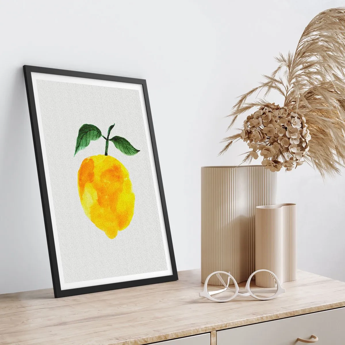 Pôster com moldura preta - Ilustração em aquarela de um limão com folhas em um fundo claro - 50x70cm - Como saborear o sol - Decoração de parede moderna para a sala de estar e quarto ARTTOR