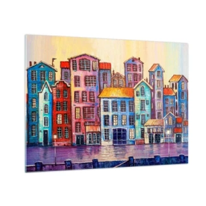 Quadro em vidro - Casas coloridas refletidas na água - 70x50cm - Uma cidade como de um conto de fadas - Decoração de parede moderna para a sala de estar e quarto ARTTOR
