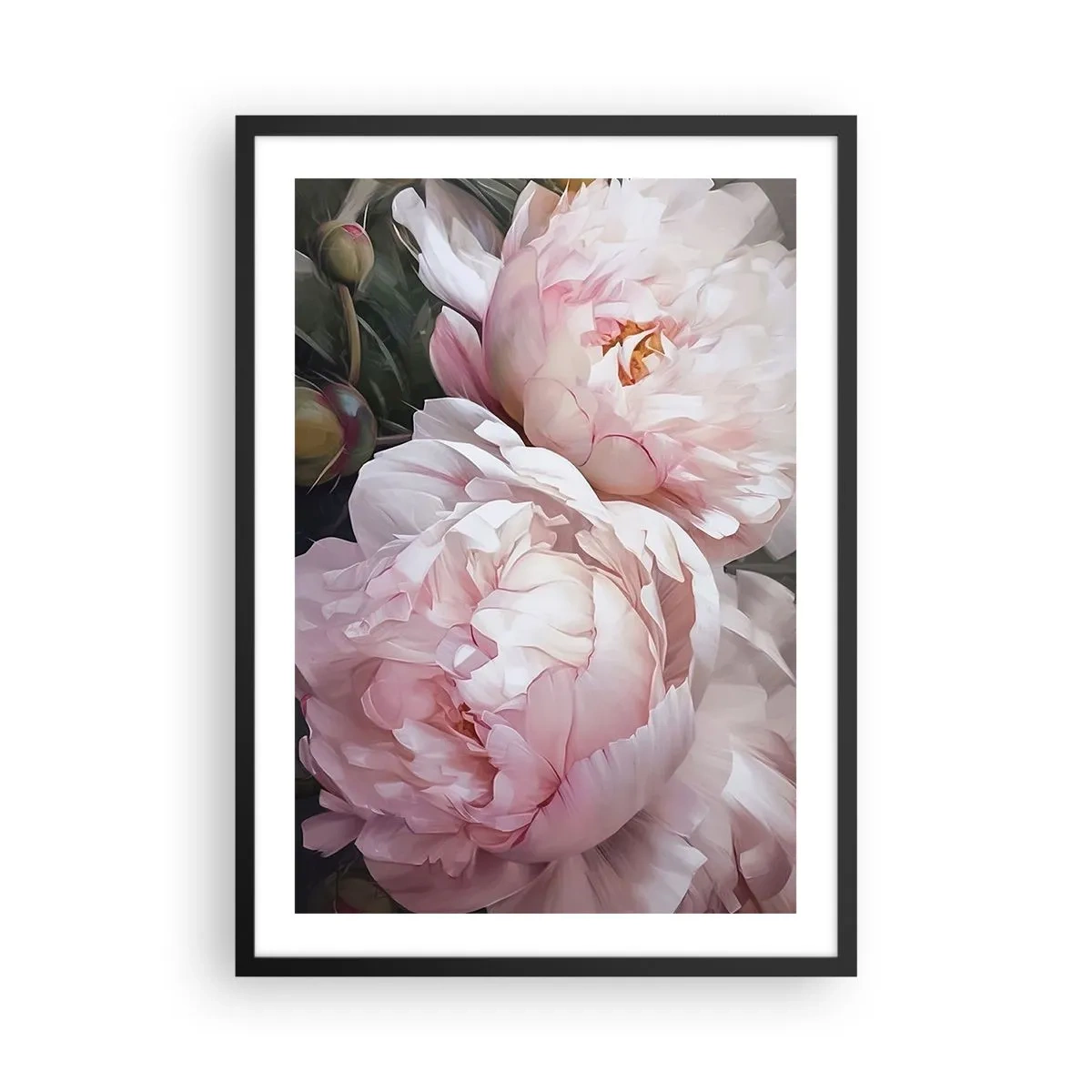 Pôster com moldura preta - Peônias delicadas em tons pastéis de rosa e branco - 50x70cm - Parou no florescer - Decoração de parede moderna para a sala de estar e quarto ARTTOR