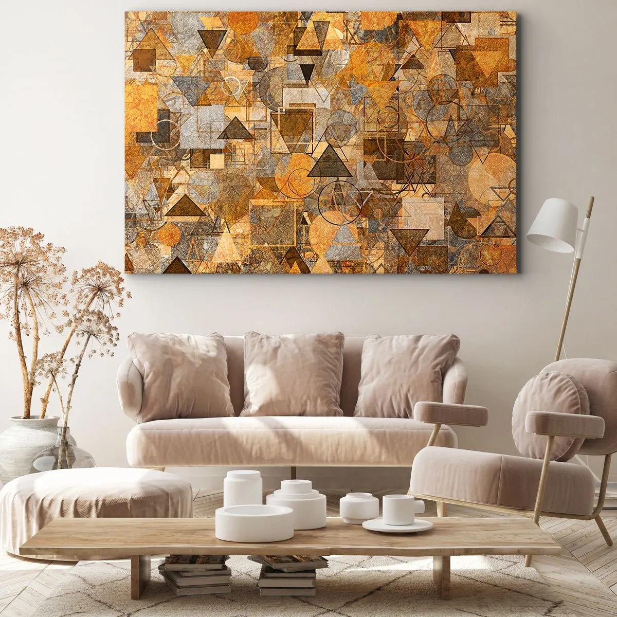 Quadro em tela - Padrões geométricos abstratos em tons de dourado - 70x50cm - O mundo em forma - Decoração de parede moderna para a sala de estar e quarto ARTTOR