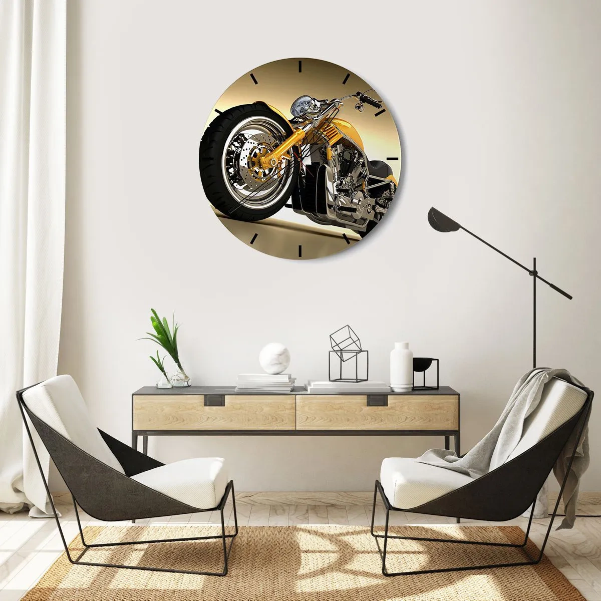 Relógio de parede - Relógio em vidro - Uma motocicleta estilosa em tons de dourado e cromado - 30x30cm - O sonho da força e da velocidade - Decoração de parede moderna para a sala de estar, cozinha e quarto ARTTOR