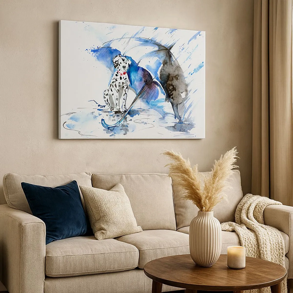 Quadro em tela - Pintura em aquarela de um cão dálmata com um guarda-chuva ao fundo - 70x50cm - É para isso que serve um amigo - Decoração de parede moderna para a sala de estar e quarto ARTTOR