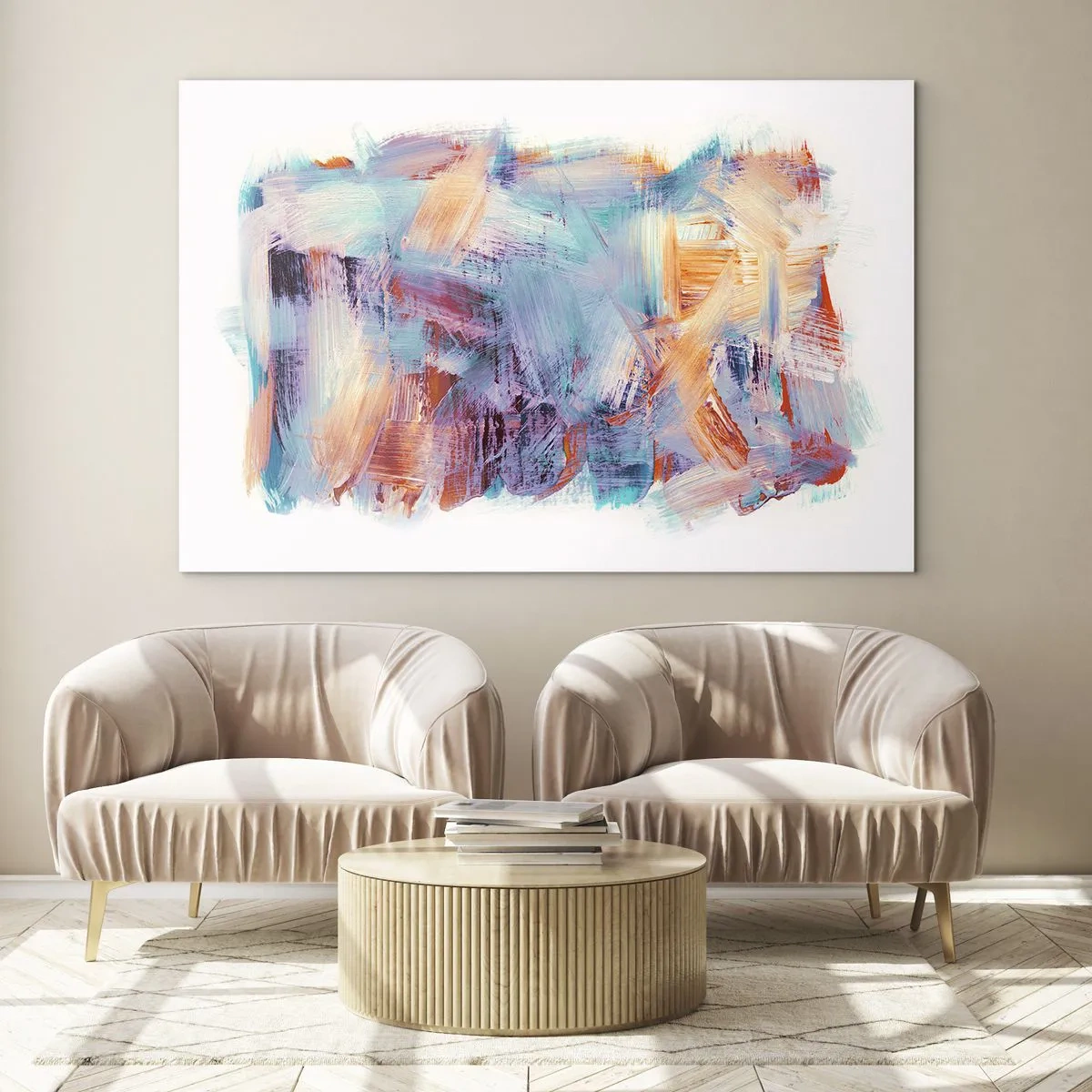 Quadro em vidro - Pinceladas coloridas em abstração pastel - 70x50cm - Uma bagunça colorida - Decoração de parede moderna para a sala de estar e quarto ARTTOR