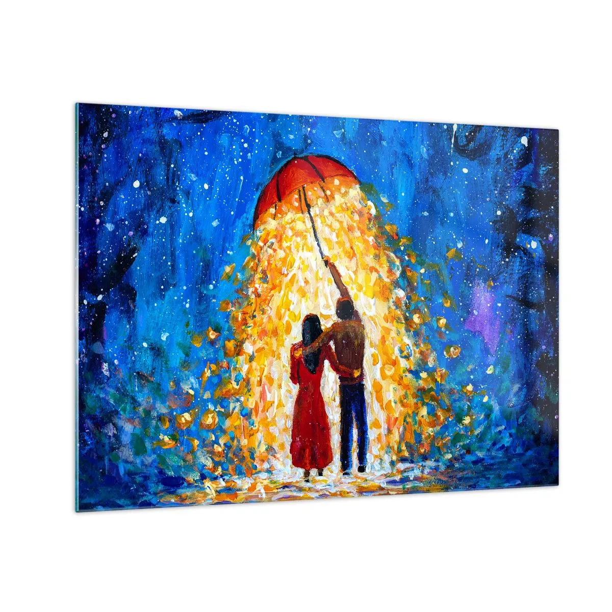 Quadro em vidro - Um casal sob um guarda-chuva cercado por uma luz dourada contra o céu noturno - 70x50cm - A magia de uma noite chuvosa? - Decoração de parede moderna para a sala de estar e quarto ARTTOR