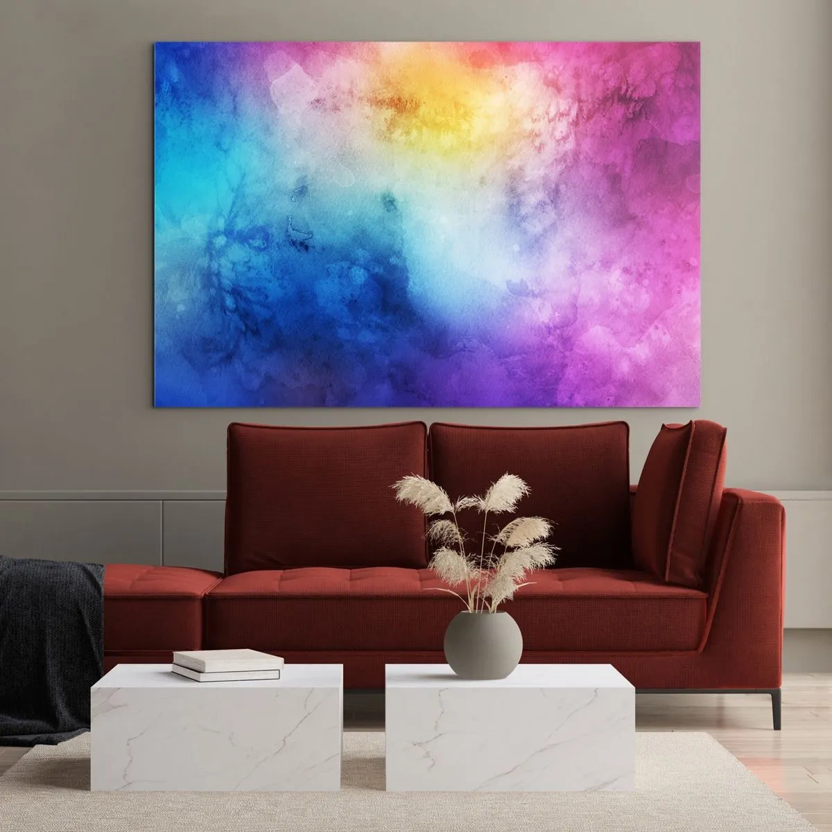 Quadro em vidro - Composição abstrata em cores do arco-íris com efeito aquarela - 70x50cm - Quase no sétimo céu - Decoração de parede moderna para a sala de estar e quarto ARTTOR