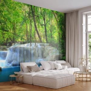 Papel de Parede Premium Sand - Afogar-se na turquesa e vegetação - Paisagem, Cachoeira, Cascata - 300x210 cm