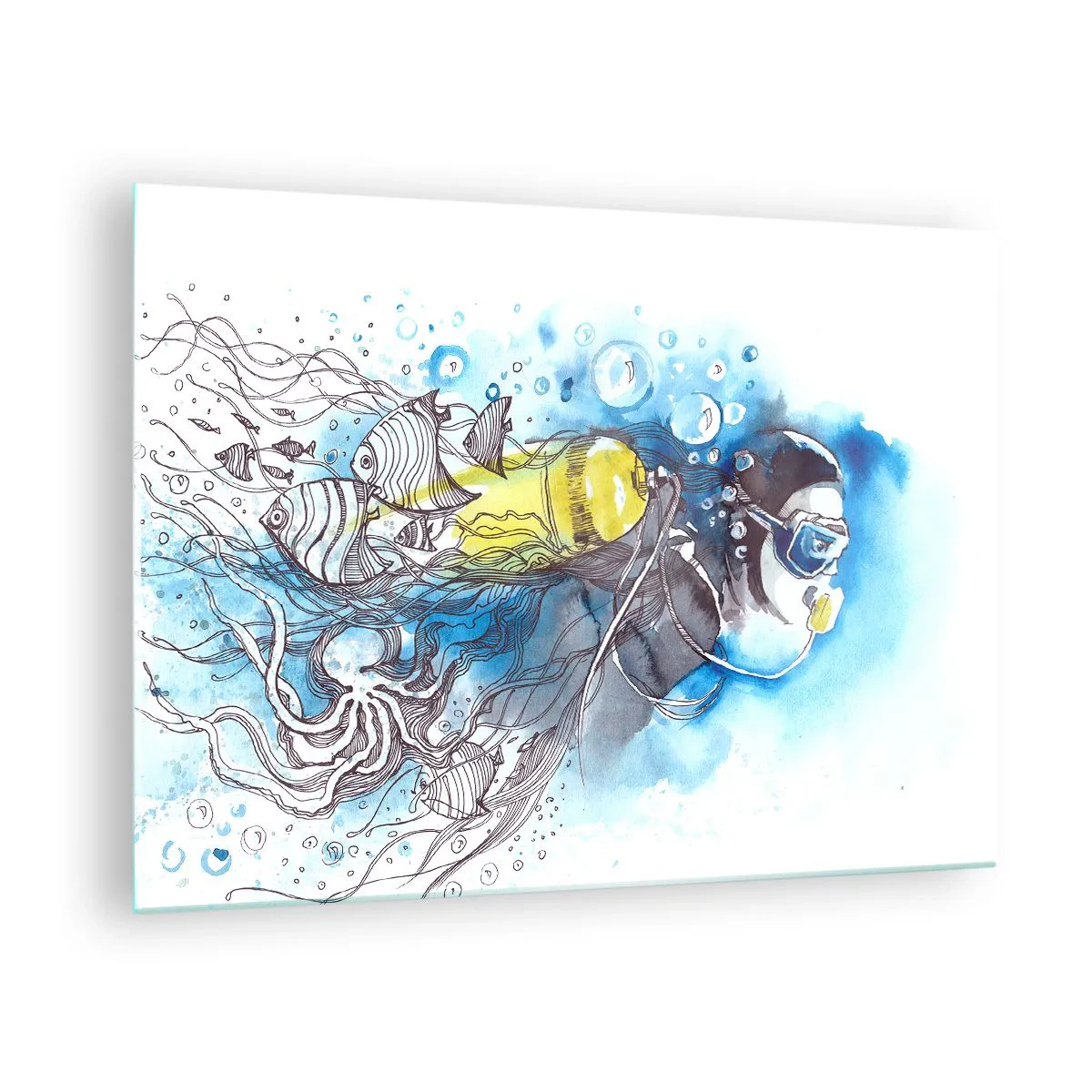 Quadro em vidro - Mergulhador subaquático com peixes em aquarela artística - 70x50cm - Azul Infinito - Decoração de parede moderna para a sala de estar e quarto ARTTOR